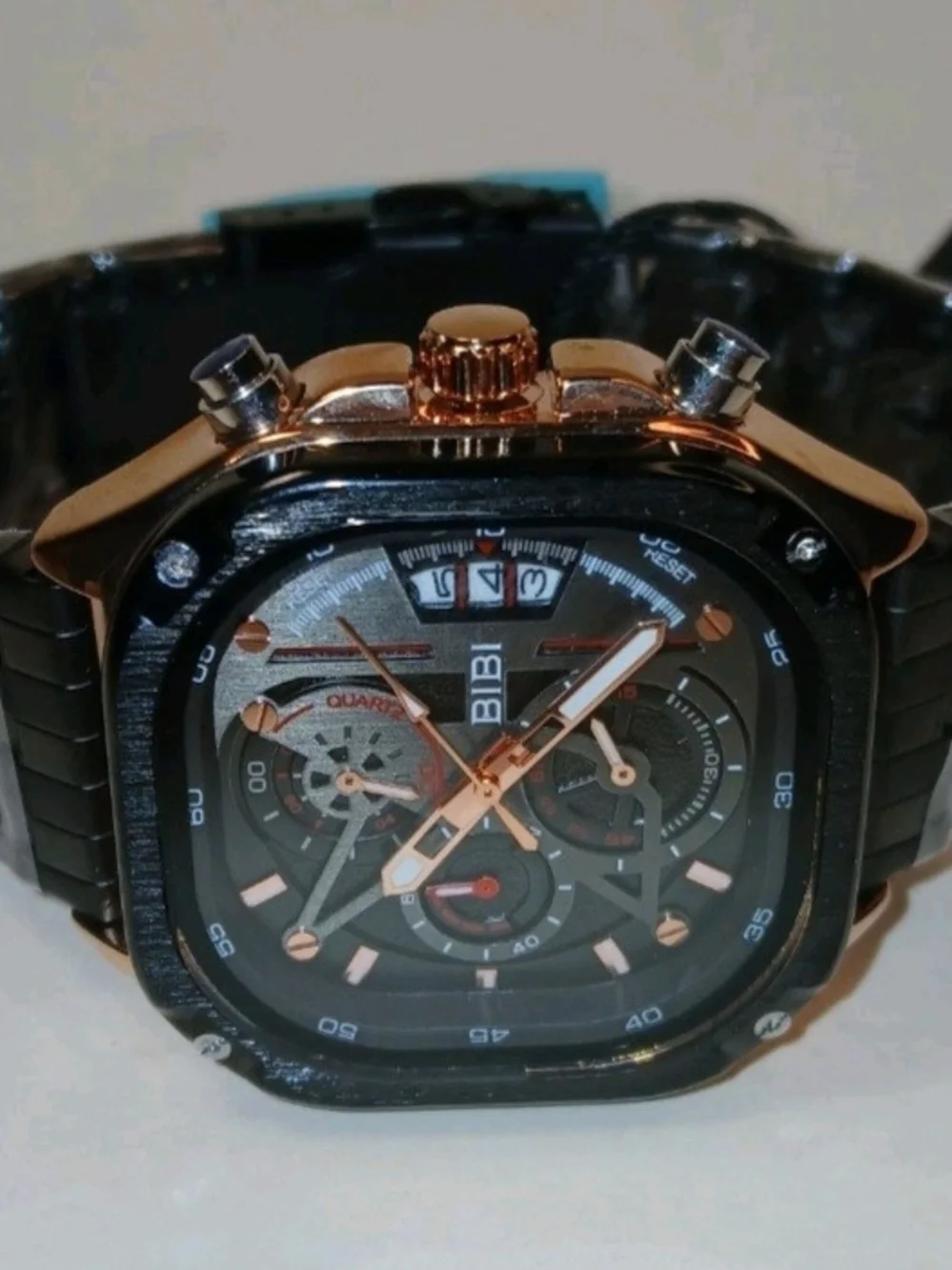 BIBI Mens Modern Square Case Quartz Watch Rose Gold Accent Black Steel Band NEW